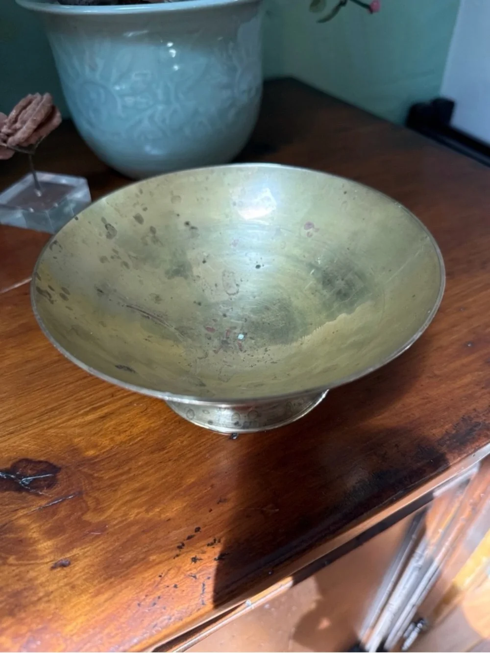 Vintage Etched Brass Pedestal Bowl - Warm Brass Tone